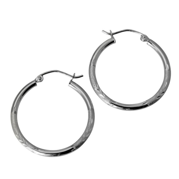 14K Real White Gold 2mm Thickness Diamond Cut Satin Polished Small Hoop Earrings